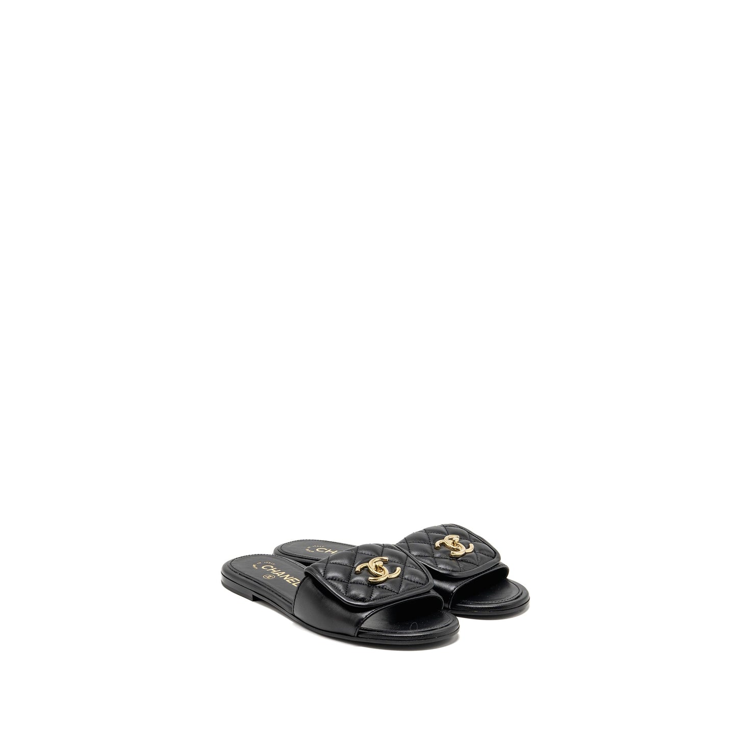 Chanel Size 37.5 Quilted CC Slide Sandals Leather Black LGHW