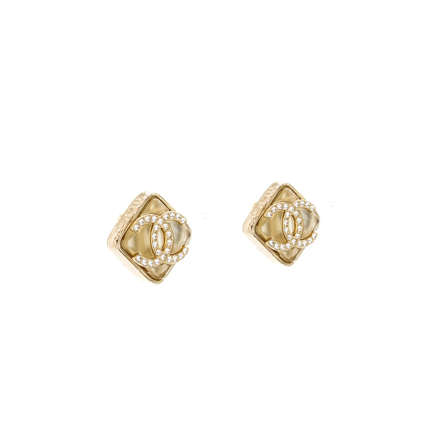 Chanel square cc logo crystal earrings light gold tone