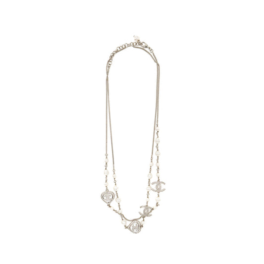 Chanel Crystal Heart Shape/Pearl Long Necklace Silver Tone