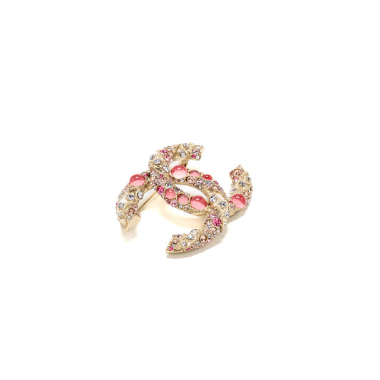 Chanel CC Logo Brooch with Crystal Pink/Multicolour Gold Tone
