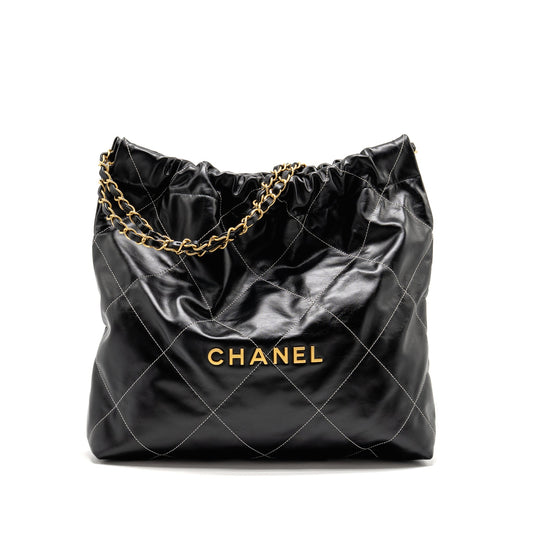 Chanel Medium 22 Bag White Stitching Calfskin Black GHW (Microchip)