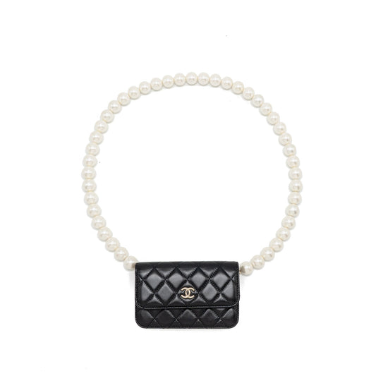 Chanel Card Holder with Maxi Pearls Chain Lambskin Black LGHW