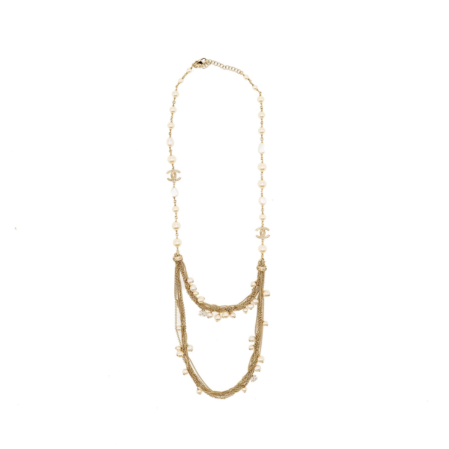 Chanel Pearl Dropped Long Necklace Crystal CC logo Light Gold tone