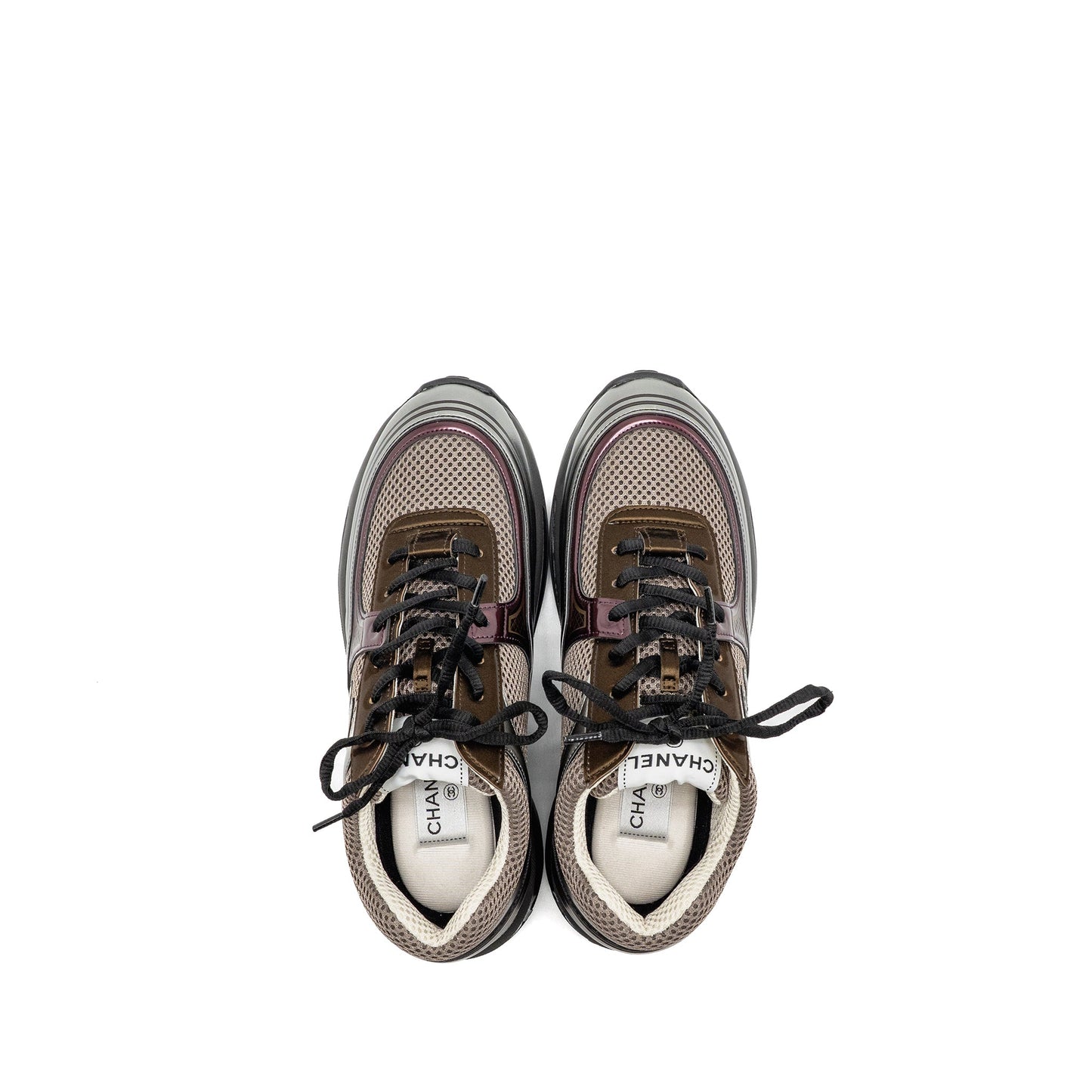 CHANEL SIZE 39 CC LOGO SNEAKERS FABRIC/LAMINATED KHAKI/SILVER/DARK PURPLE