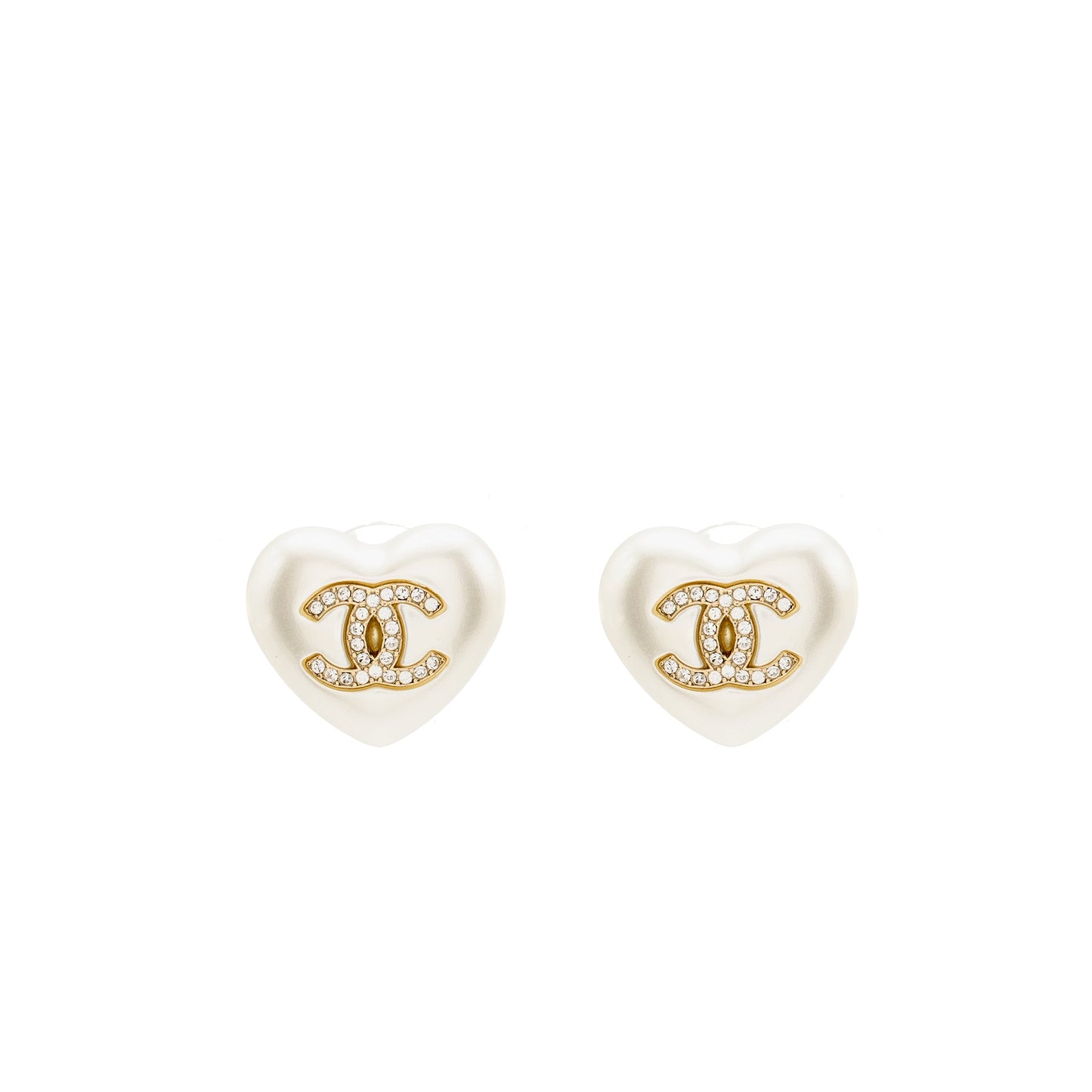 CHANEL Heart Pearl with Crystal CC Logo Earrings Light Gold Tone