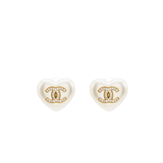 CHANEL Heart Pearl with Crystal CC Logo Earrings Light Gold Tone
