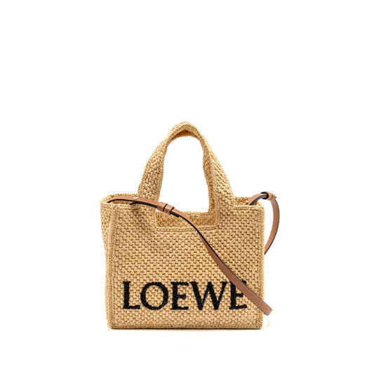 Loewe Small Font Tote Bag Raffia/Calfskin Natural GHW