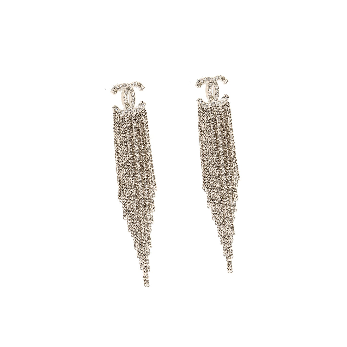 Chanel CC Chain Tassel Drop Earrings Crystal Silver Tone