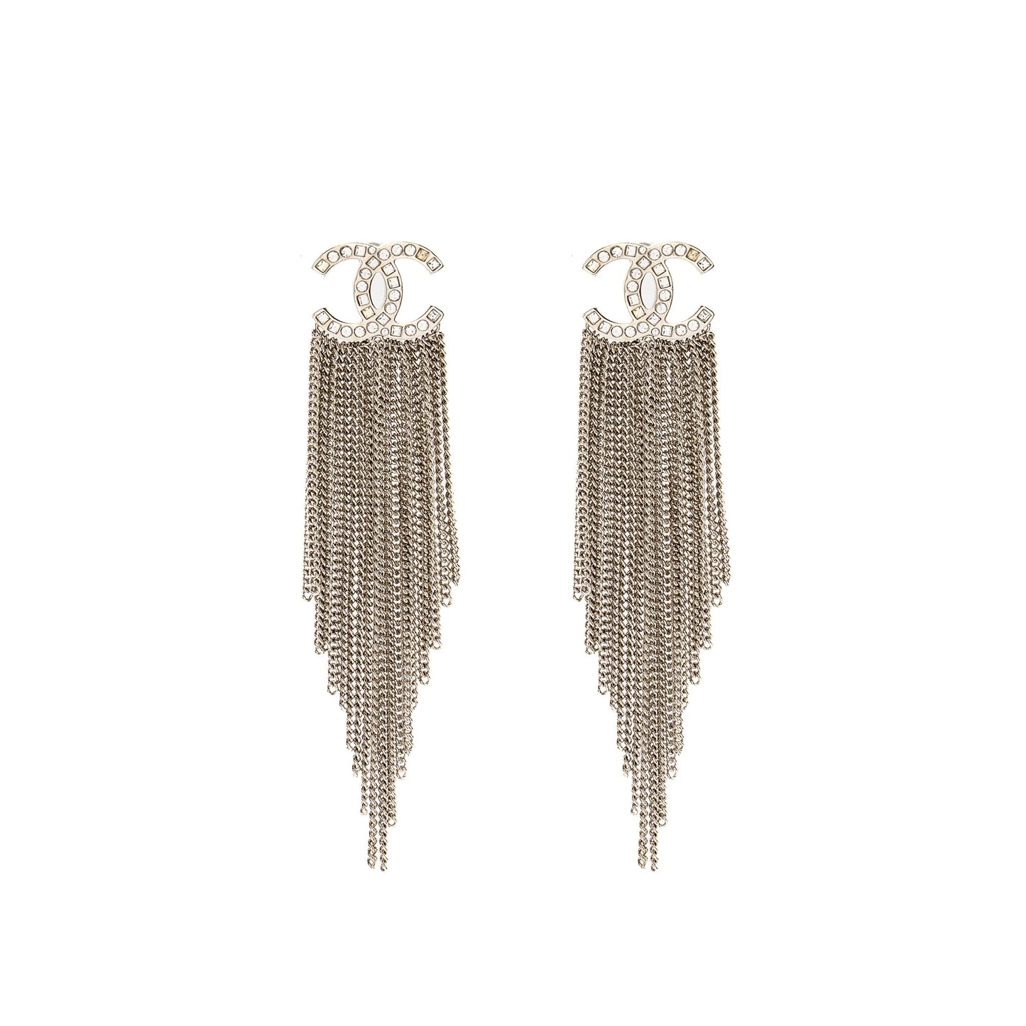 Chanel CC Chain Tassel Drop Earrings Crystal Silver Tone
