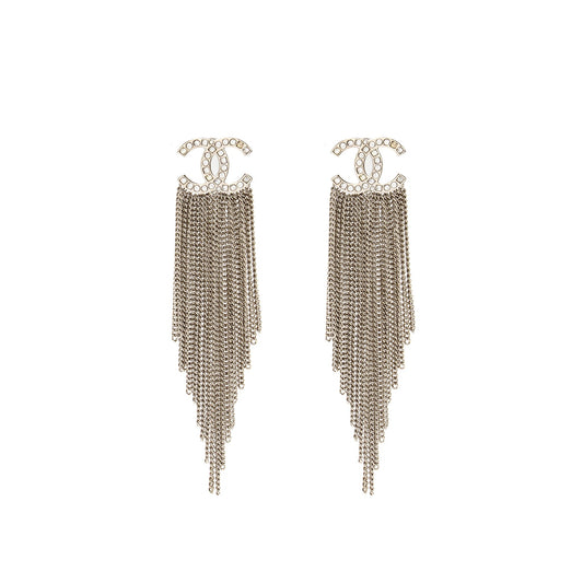 Chanel CC Chain Tassel Drop Earrings Crystal Silver Tone