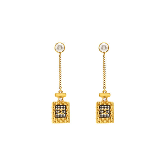 Chanel No.5 Perfume Bottle Drop Earrings Pearl/Crystal Gold Tone