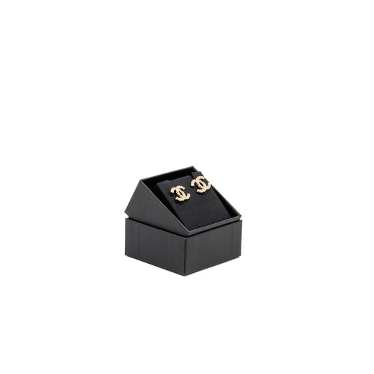 CHANEL 23B CC Logo with Crystal Earrings Light Gold Tone
