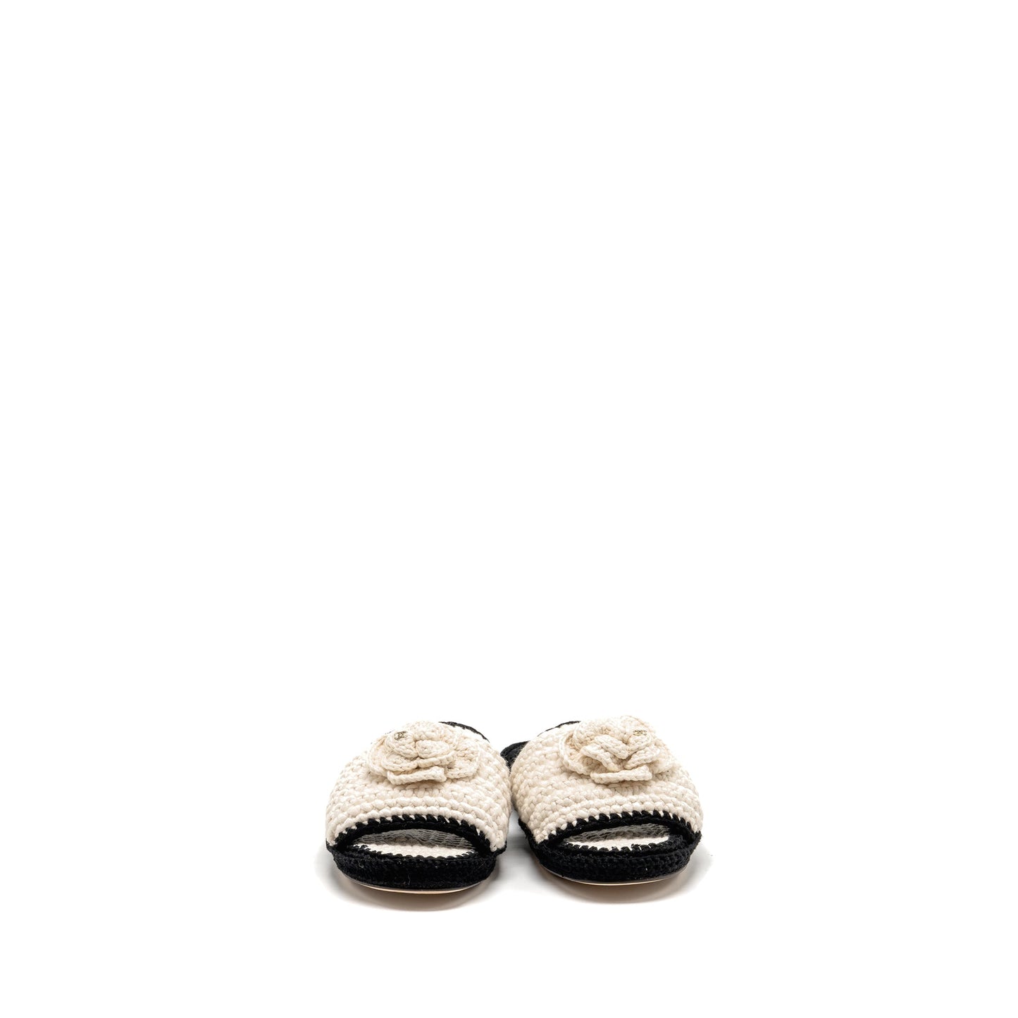Chanel Size 39 23C Camellia Crochet Mules Sandals Ivory / Black