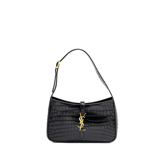 Saint Laurent/YSL Hobo Shoulder Bag Croc Embossed Calfskin Black GHW