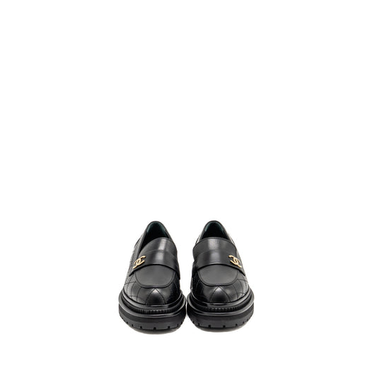 Chanel 23A Size 37 Qulited CC Platform Loafers Black LGHW
