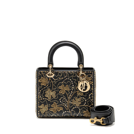 Dior Medium Lady Dior Embroidered Floral Limited Edition Leather Black/Gold GHW