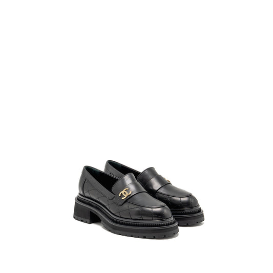 Chanel 23A Size 37 Qulited CC Platform Loafers Black LGHW