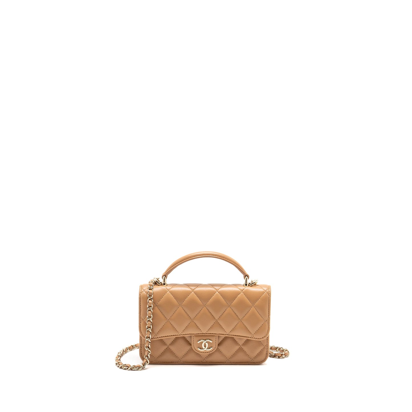 CHANEL Top Handle Mini Flap Bag with Chain Lambskin Caramel LGHW