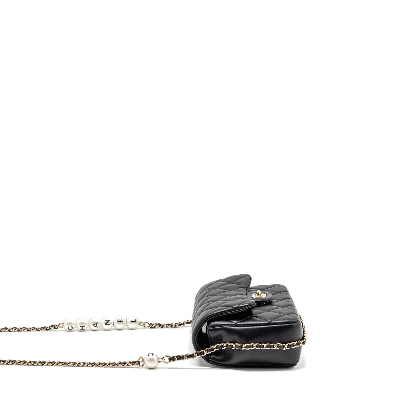 Chanel Quilted Flap Bag with Pearl Detailed Chain Lambskin Black LGHW