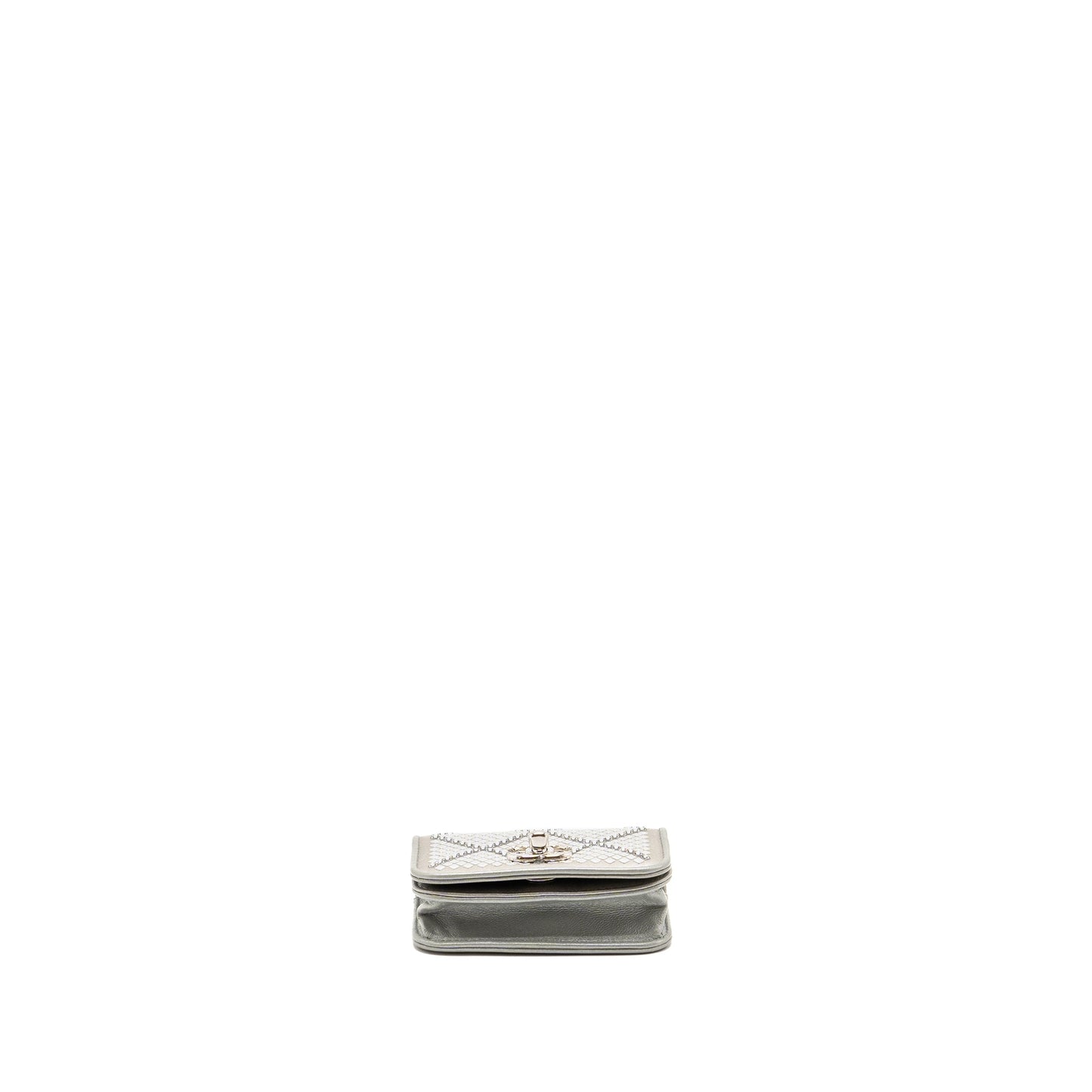 Chanel 22A Mini Studded Chain Belt Bag with Crystal Metallic Lambskin Silver SHW (Microchip)