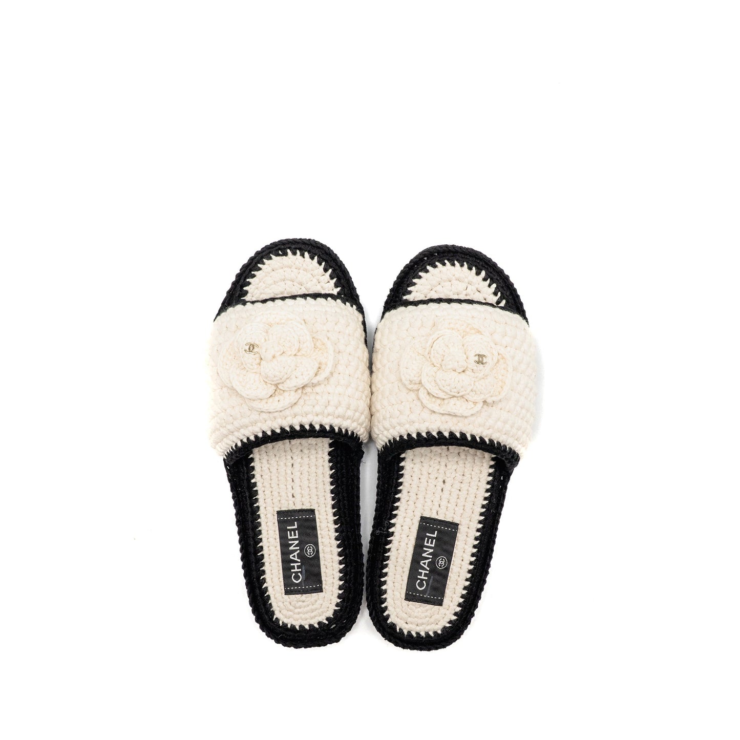 Chanel Size 39 23C Camellia Crochet Mules Sandals Ivory / Black