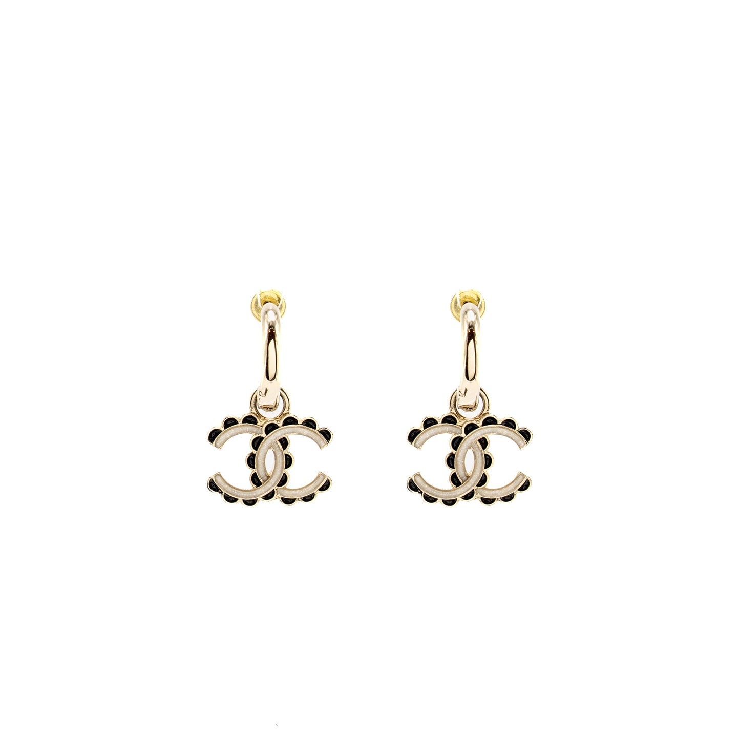 Chanel CC drop earrings black / white/ light gold tone