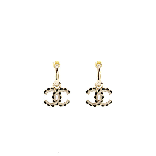 Chanel CC drop earrings black / white/ light gold tone