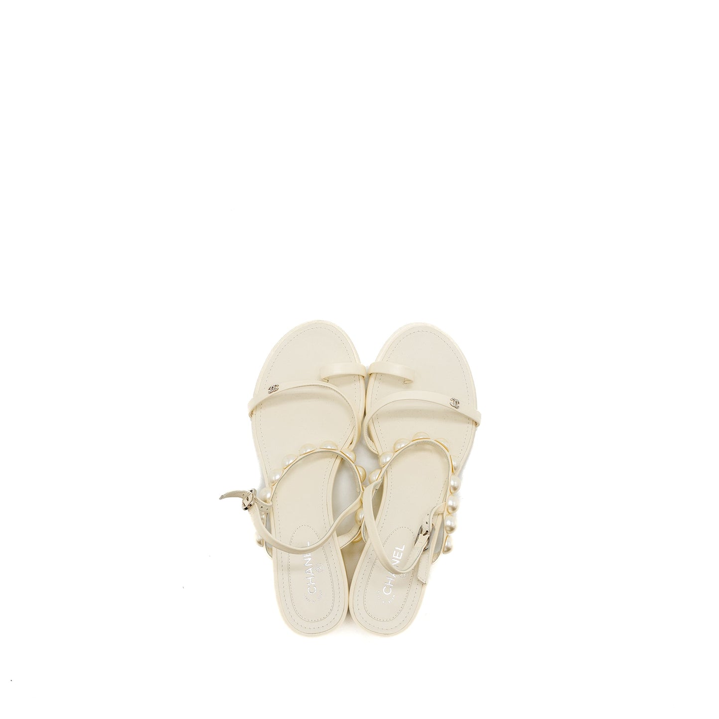 Chanel Size 38.5 Pearl Sandal Leather White SHW