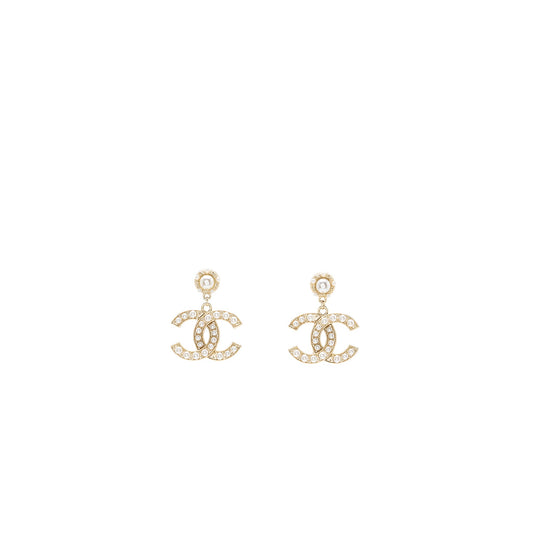 Chanel CC Logo Drop Earrings with Pearl Gold Tone