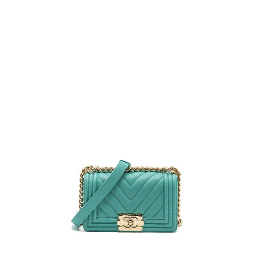 Chanel Chevron small boy bag caviar light green LGHW