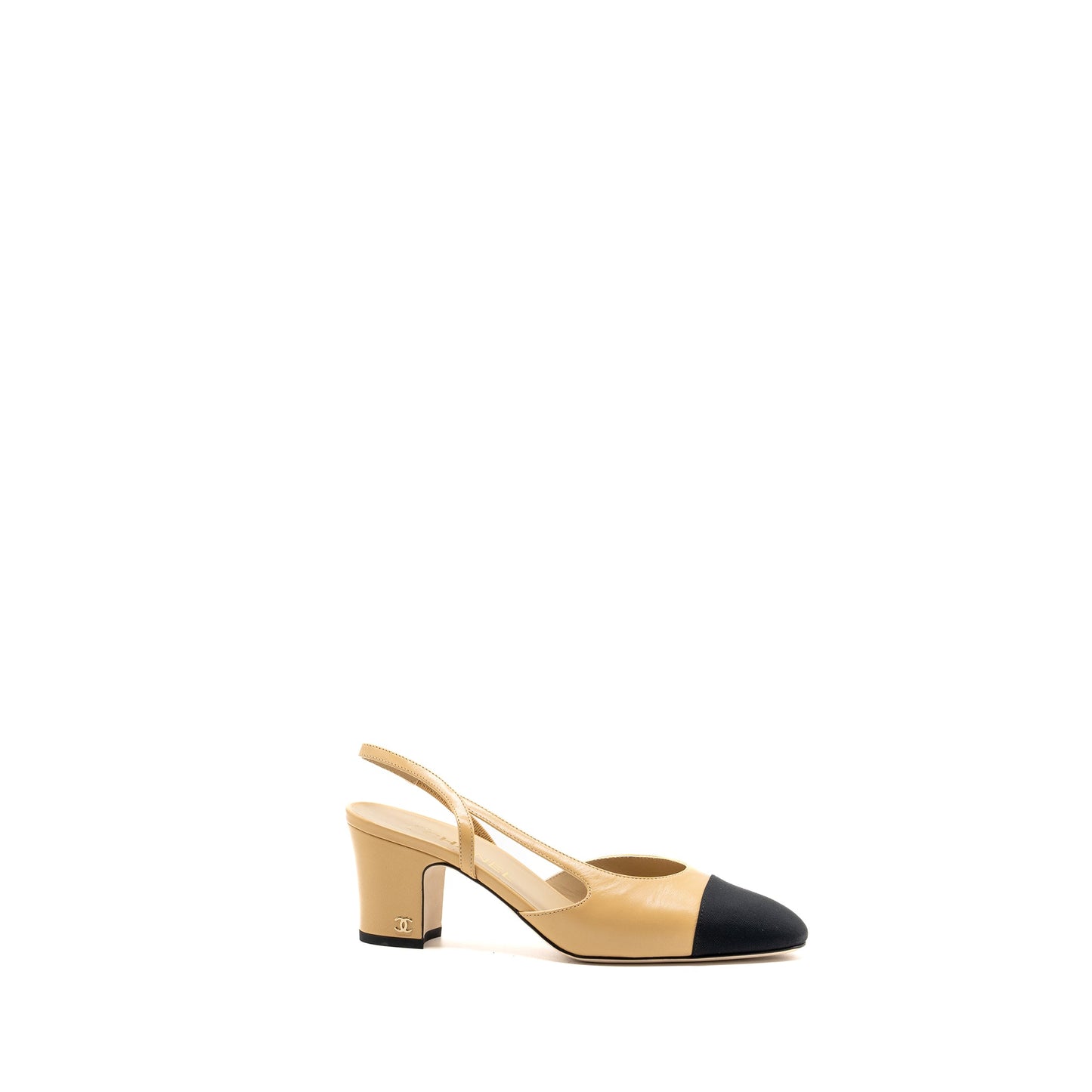 Chanel size 38 slingbacks leather beige / black LGHW