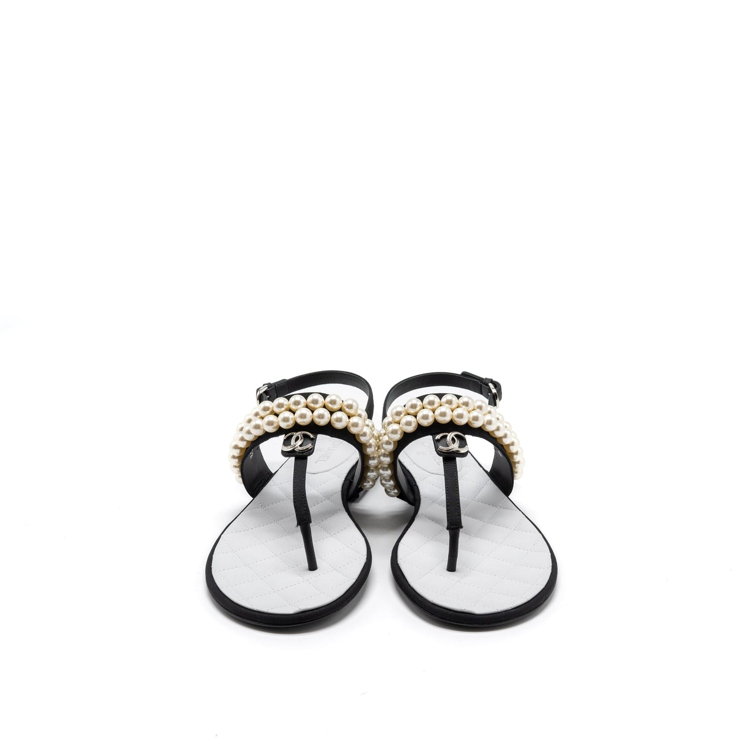 Chanel 22B Size 36 Flip Flops Sandals Pearl Leather/Fabric Black SHW