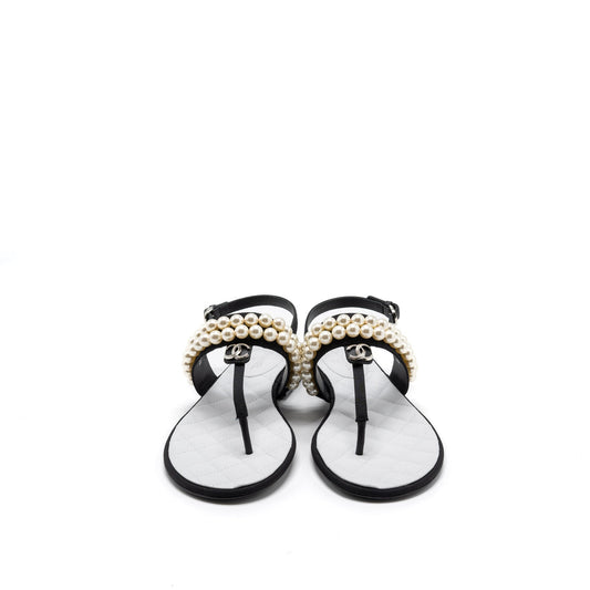 Chanel 22B Size 36 Flip Flops Sandals Pearl Leather/Fabric Black SHW