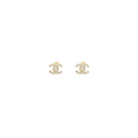 Chanel Classic CC Logo earrings Crystal Light Gold Tone