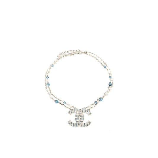 Chanel Giant CC Logo Double Chain Necklace Crystal/ Pearl Blue Silver Tone
