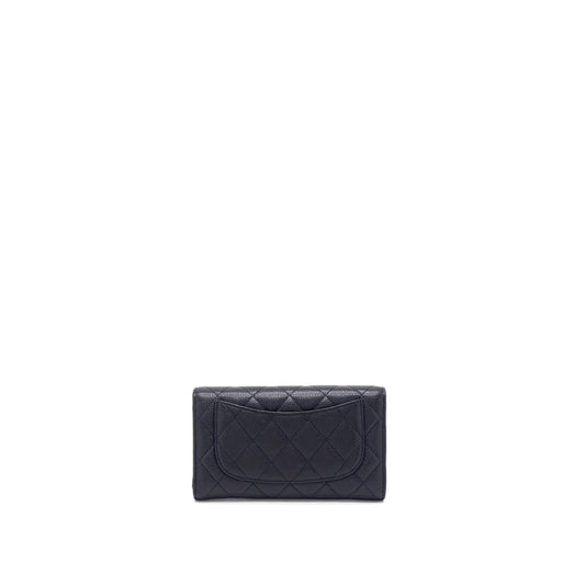 Chanel Classic Quilted Flap Long Wallet Caviar Dark Blue SHW