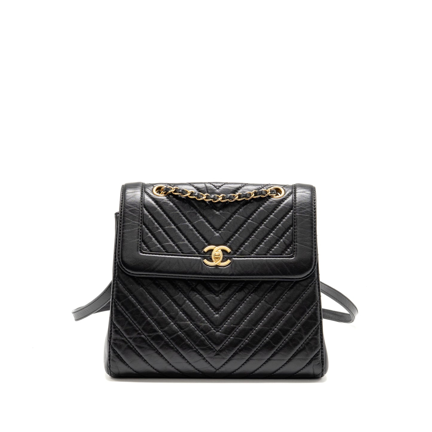 Chanel Chevron Frame Quilted Backpack Aged Calfskin Black GHW
