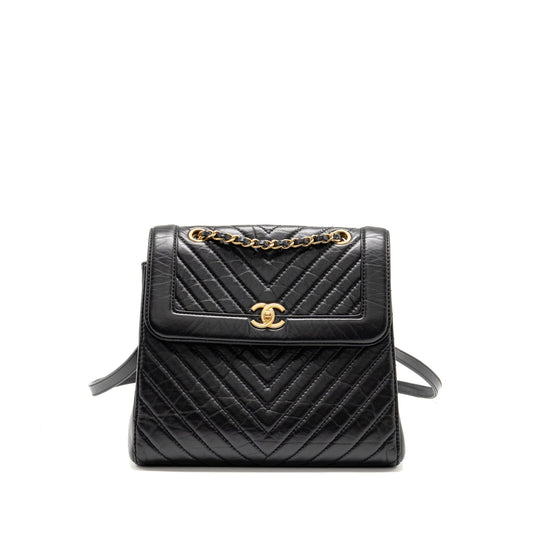 Chanel Chevron Frame Quilted Backpack Aged Calfskin Black GHW