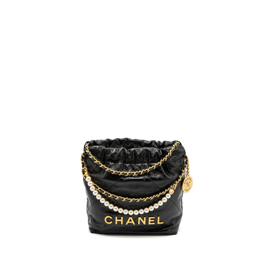 Chanel 23S Mini 22 Bag with Pearl Shiny Calfskin Black Brushed GHW (Microchip)