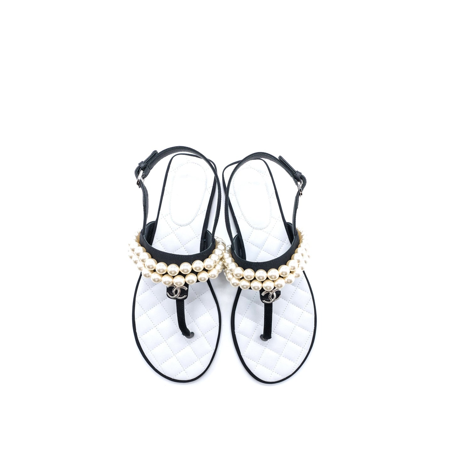 Chanel 22B Size 36 Flip Flops Sandals Pearl Leather/Fabric Black SHW