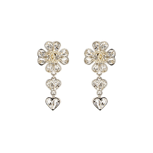 Chanel CC Clover Heart Drop Earrings Crystal Silver Tone