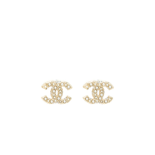 Chanel Classic Mini CC Logo Earrings Pearl/Crystal Light Gold Tone