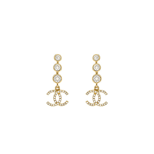 Chanel CC Logo Dropped Earrings Crystal Light Gold Tone