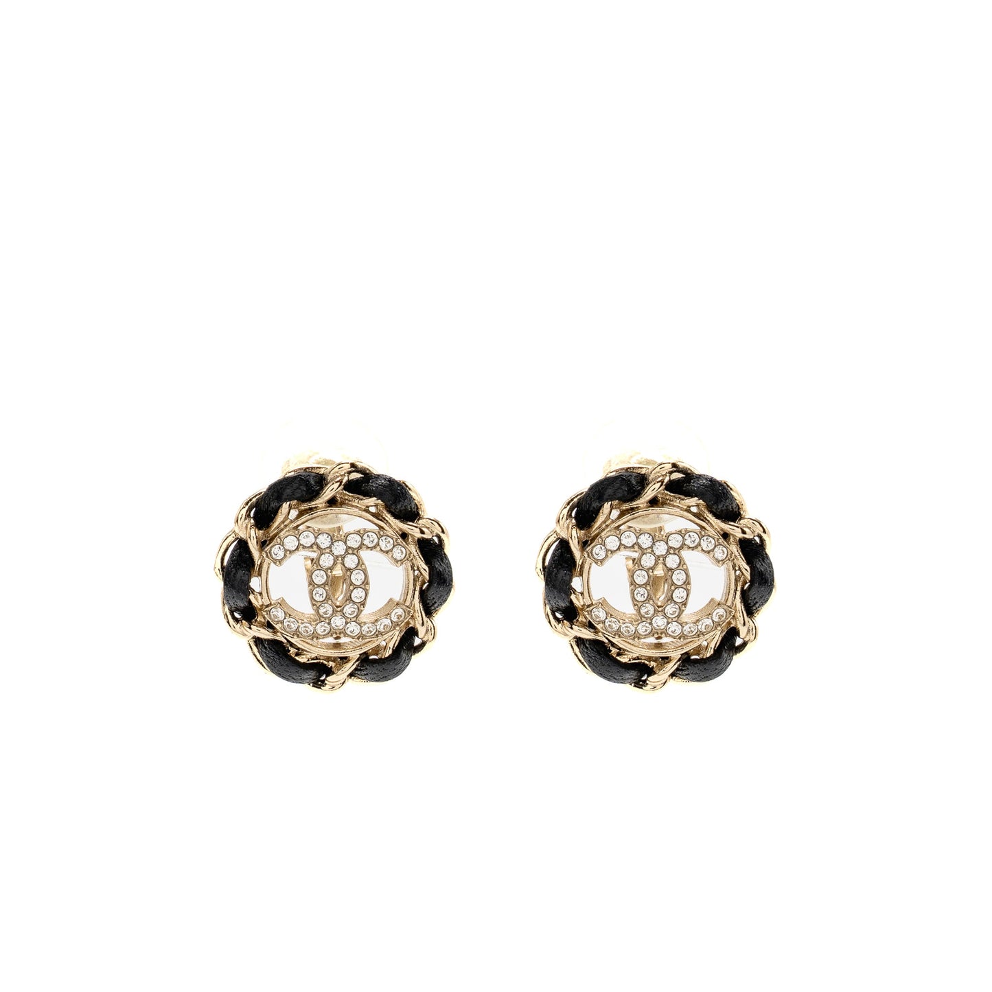 Chanel leather chain round cc logo ear clips light gold tone