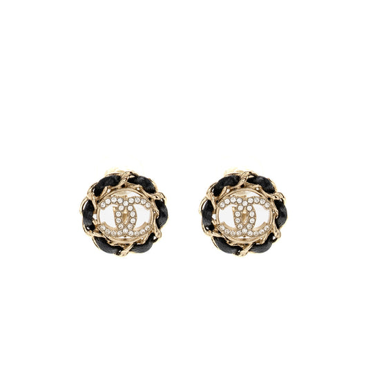 Chanel leather chain round cc logo ear clips light gold tone