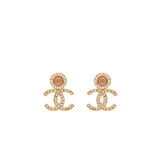 Chanel CC Logo Earrings Pink Crystal Gold Tone