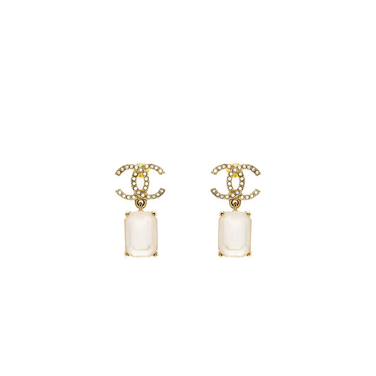 Chanel CC Logo Square Drop Earrings with Crystal Light Gold Tone
