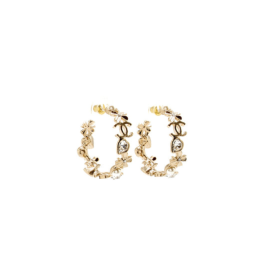 Chanel 22S Hoop Earrings Crystal/Pearl Light Gold Tone