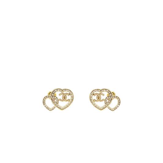 Chanel Double Heart CC Earrings Crystal Light Gold Tone