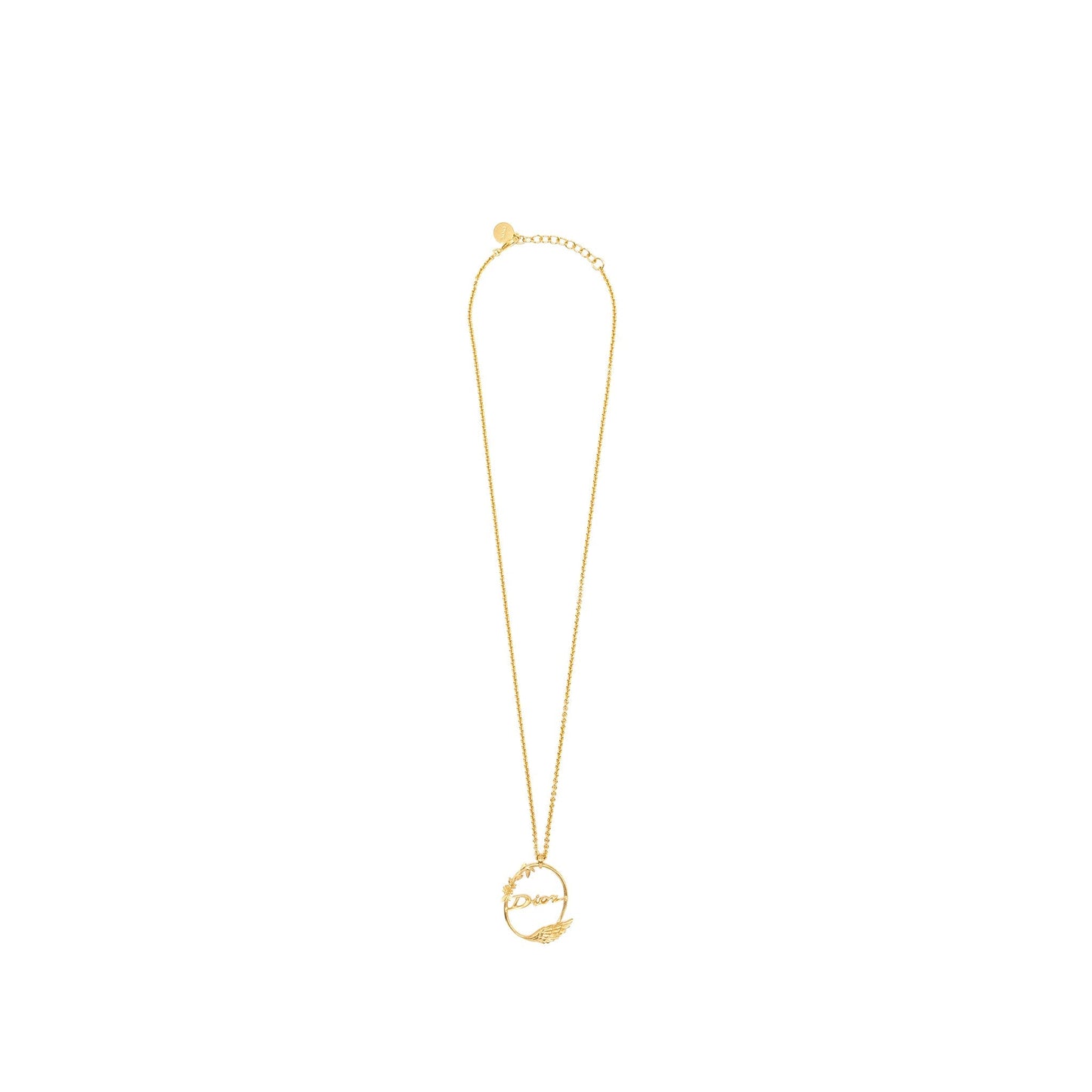 Luxury Dior Flora and Wing Circle Pendant Necklace Gold Tone